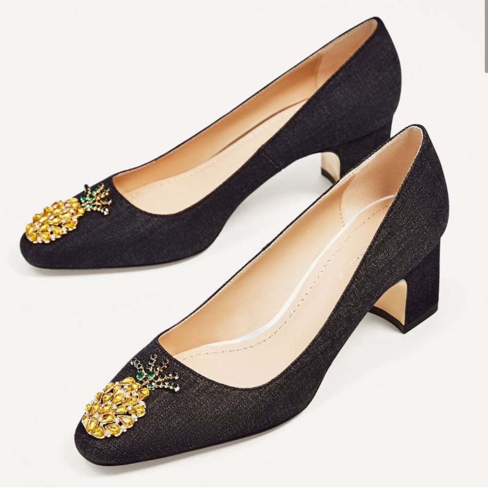 Zara Pineapple Gem Denim Heels Pumps